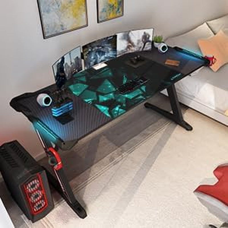 60" Gaming Desk with RGB LED Lights, Large Z-Shaped Gaming PC Desk with Carbon F image 3