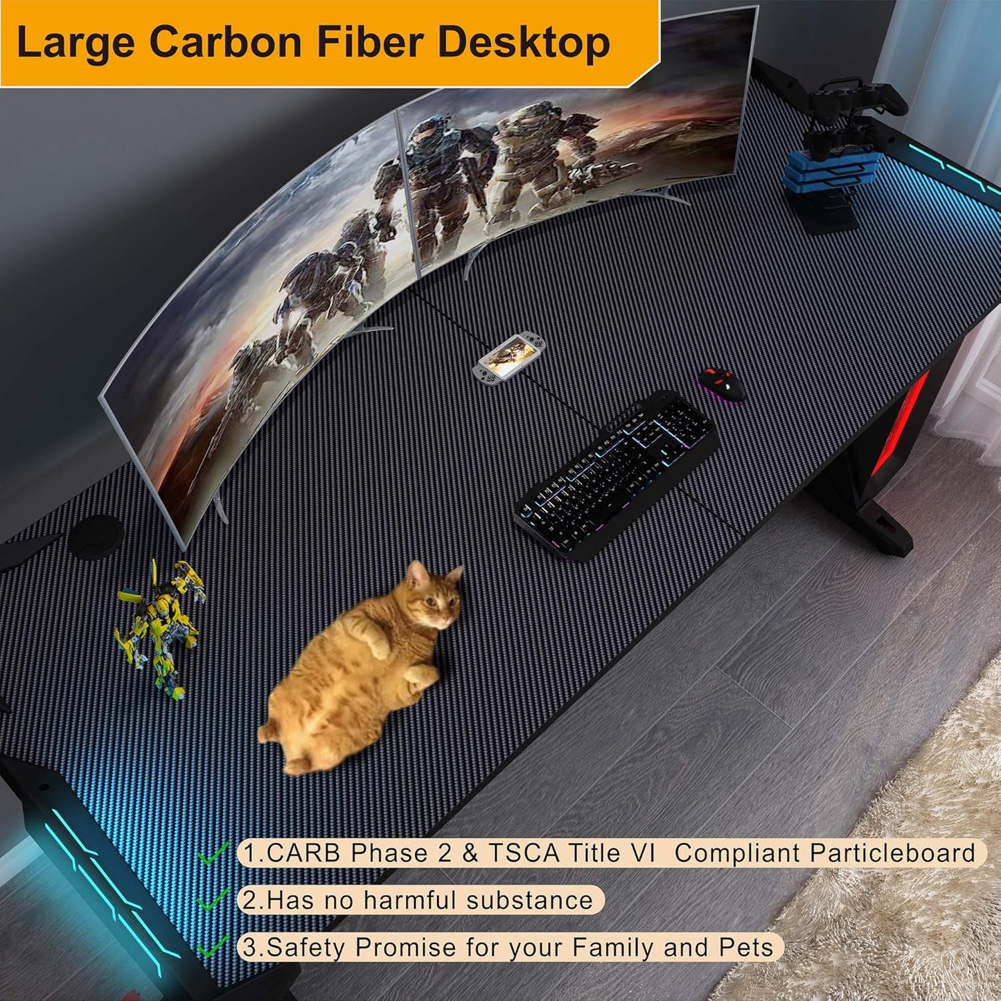 60" Gaming Desk with RGB LED Lights, Large Z-Shaped Gaming PC Desk with Carbon F image 6