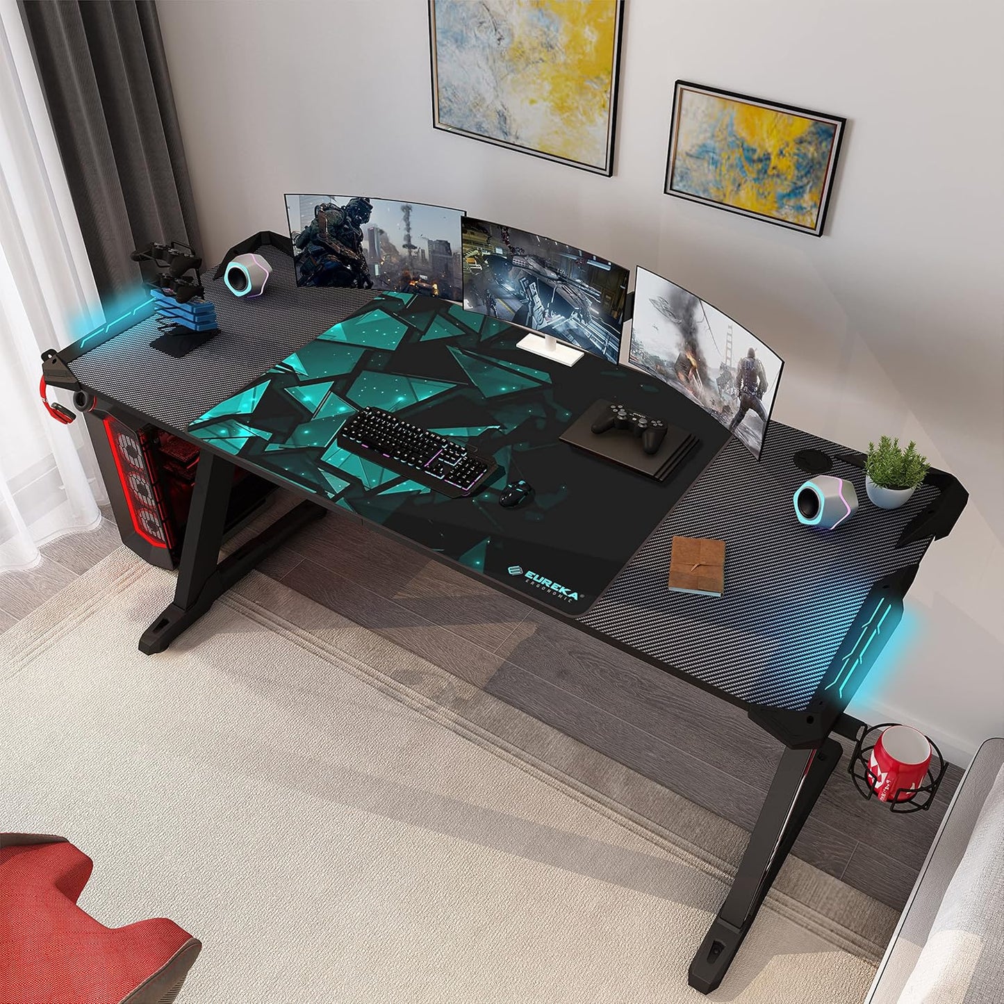 60" Gaming Desk with RGB LED Lights, Large Z-Shaped Gaming PC Desk with Carbon F image 1