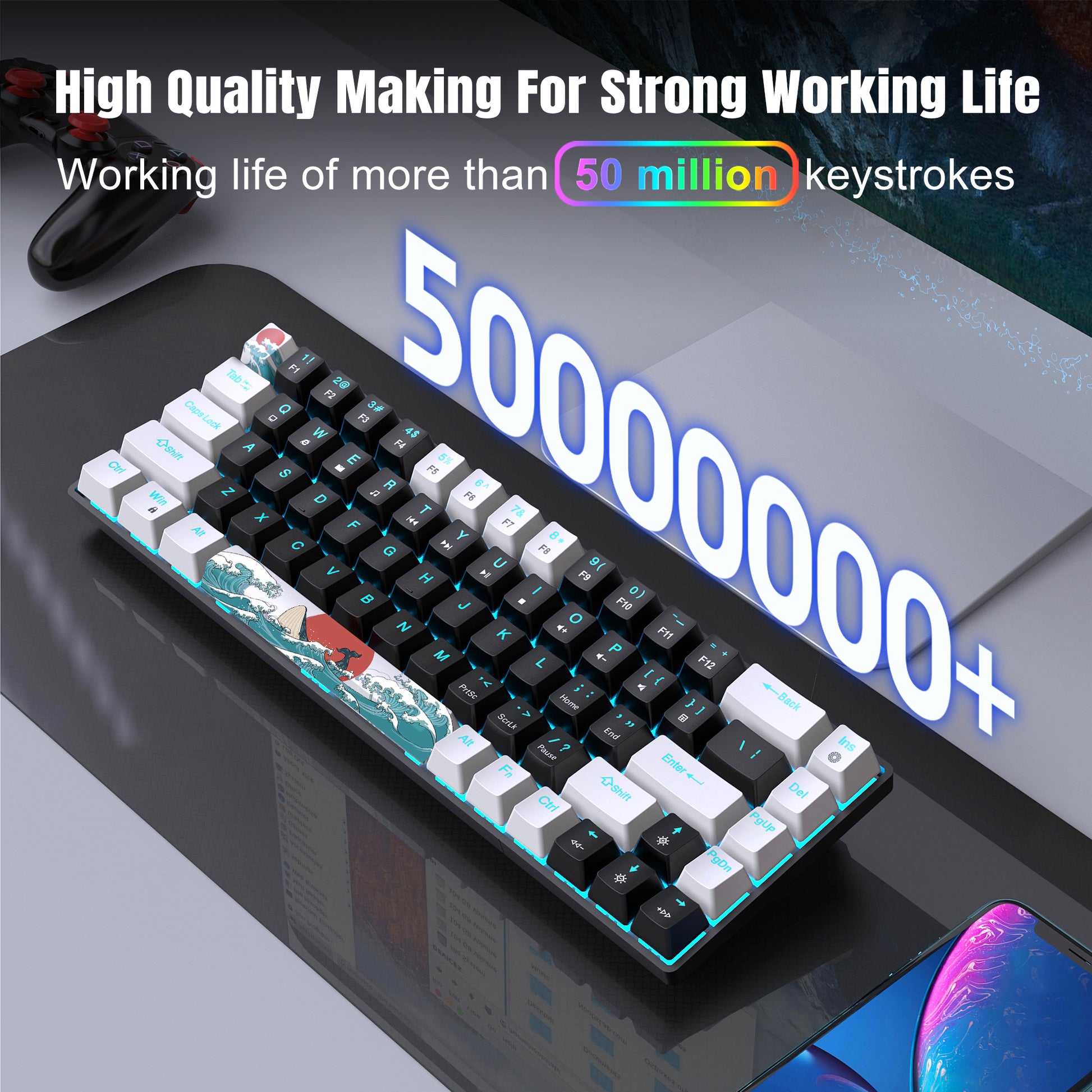 Gaming Keyboard, Wired Sea Blue LED Backlit Mini Keyboard, Ultra-Compact Anti-Gh image 1