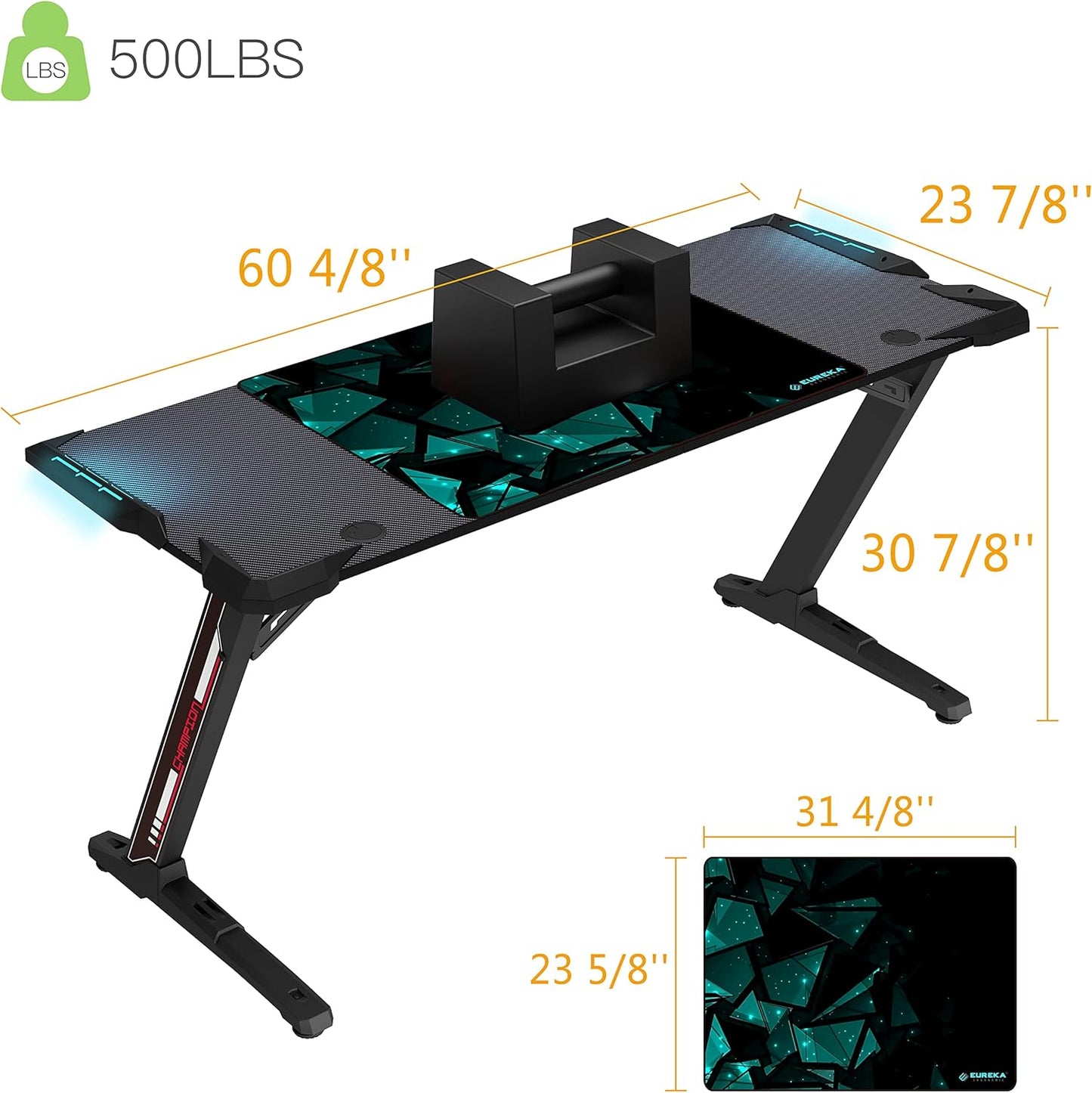 60" Gaming Desk with RGB LED Lights, Large Z-Shaped Gaming PC Desk with Carbon F image 2