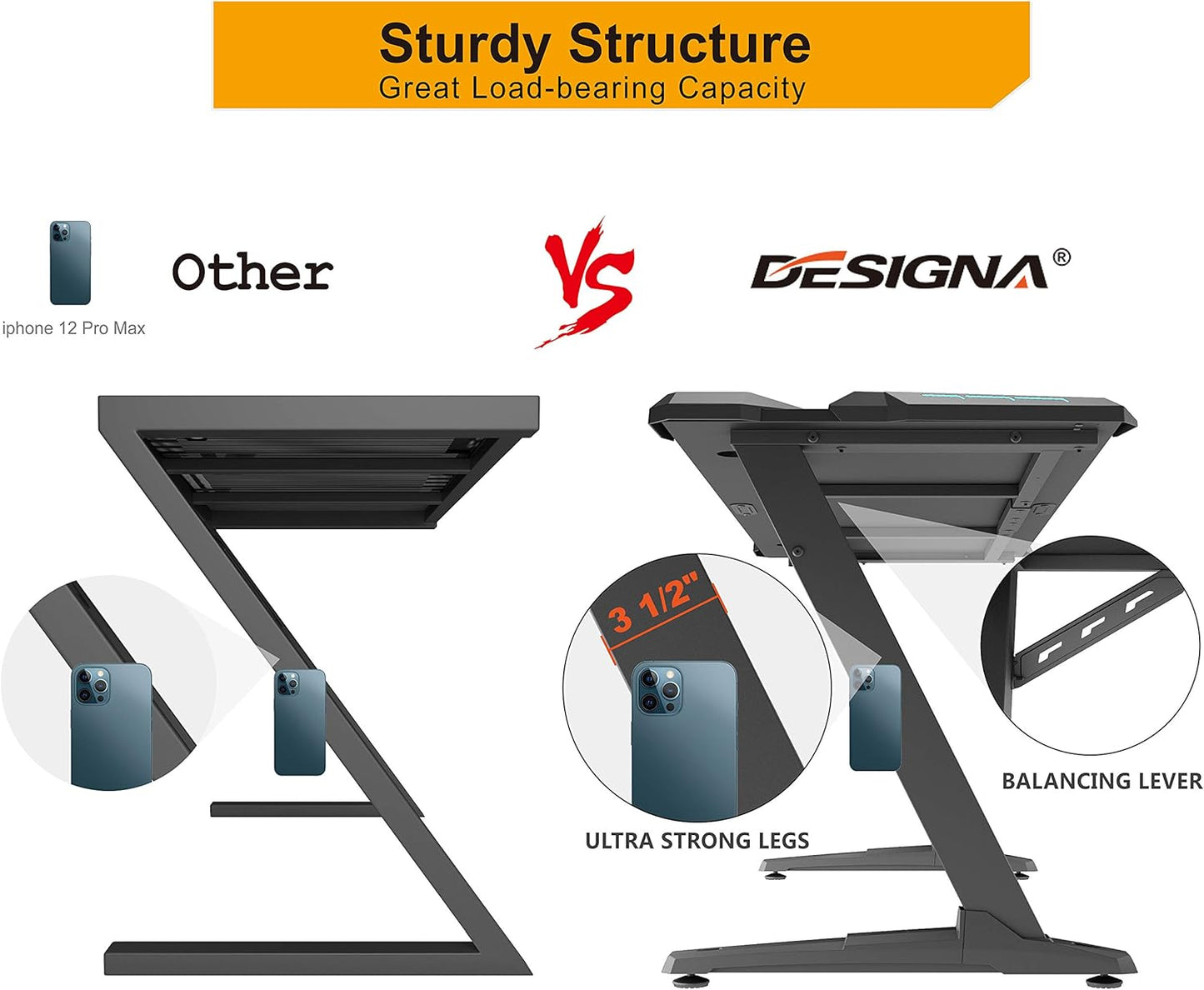 60" Gaming Desk with RGB LED Lights, Large Z-Shaped Gaming PC Desk with Carbon F image 4