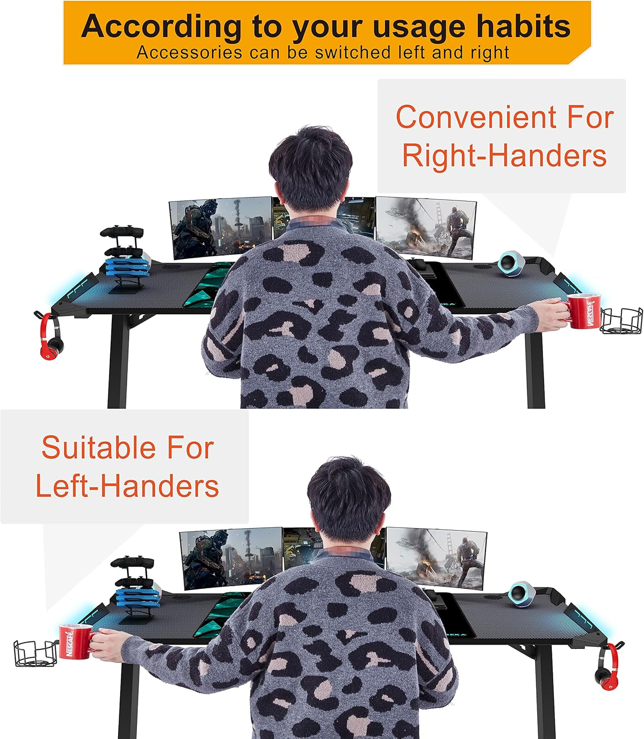 60" Gaming Desk with RGB LED Lights, Large Z-Shaped Gaming PC Desk with Carbon F image 7