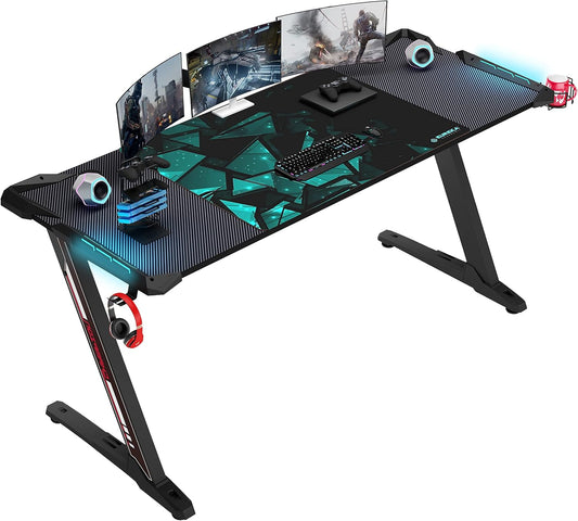 60" Gaming Desk with RGB LED Lights, Large Z-Shaped Gaming PC Desk with Carbon F image 0